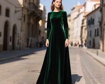 Emerald Green Velvet Dress Women Long Sleeve Floor Length Gown Elegant Velvet Maxi Dress Formal Fall Winter Evening Dress or Party Outfit