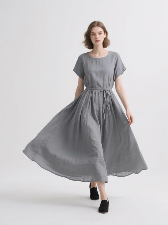 Linen Maxi Dress Short Sleeve Belted Flowy Dress Round Neck Summer Fall  Dress Plus Size Dress Casual Linen Dress With Pockets Custom Dress - Etsy  Israel