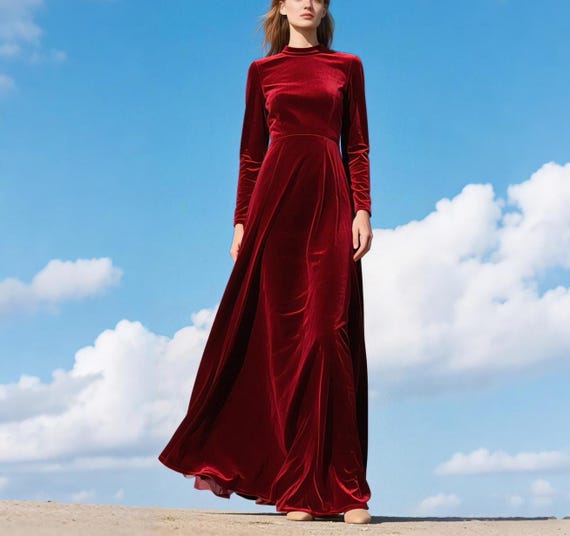bright red velvet dress Women Velvet Maxi Dress Wine Red Long Sleeve High Neck Dress Custom Elegant  Formal Dress Floor Length Evening Gown Fall Winter Holiday Dress