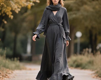 Wrap Linen Dress Linen Spring Fall Dress V Neck Handmade Linen Clothing Linen Dress Women Minimalist Dress Custom Dress Long Sleeve Dress