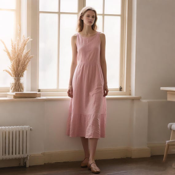 Linen Midi Dress with Pockets Soft Sleeveless Dress with Flared Hem Casual Summer Dress for Daily Wear Custom Dress Women Cottagecore Dress
