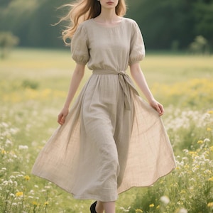 Linen Dress Short Puff Sleeve Round Neck Midi Dress Flowy Summer Fall Dress Romantic Cottagecore Dress Women Custom Dress Linen Clothing