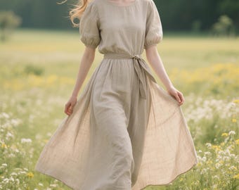 Linen Dress Short Puff Sleeve Round Neck Midi Dress Flowy Summer Fall Dress Romantic Cottagecore Dress Women Custom Dress Linen Clothing