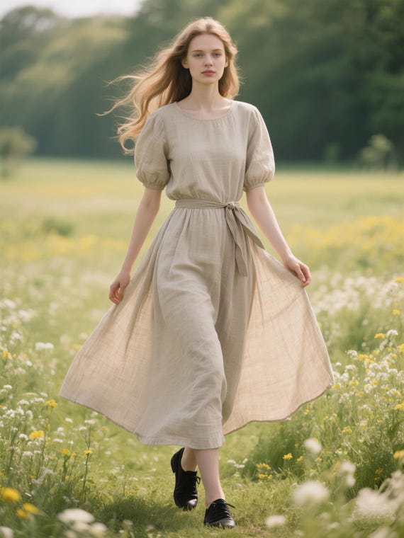 Linen Dress Short Puff Sleeve Round Neck Midi Dress Flowy Summer Fall Dress  Romantic Cottagecore Dress Women Custom Dress Linen Clothing - Etsy