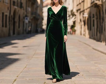Vestido longo de veludo verde esmeralda feminino, decote em V, manga comprida, vestido formal de noite, outono e inverno, vestido para convidada de casamento, vestido de festa personalizado