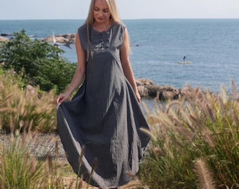 Linen Circle Dress for Women Elegant Long Linen Dress with Pockets Sleeveless Dress Linen Round Neck Maxi Dress Summer Fall Plus Size Dress