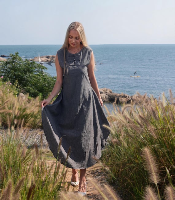 knee length dresses for ladies Natural Long Sleeve Linen Maxi Dress from NikkaPlace main image 1