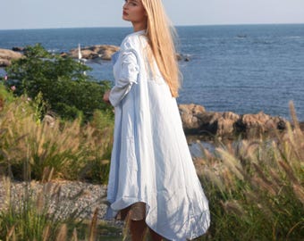 Women Summer Fall Coat 100% Cotton Coat  Long Sleeves Cardigan with Pockets Casual Coat Maxi Coat Round Neck Jacket Custom Plus Size Coat