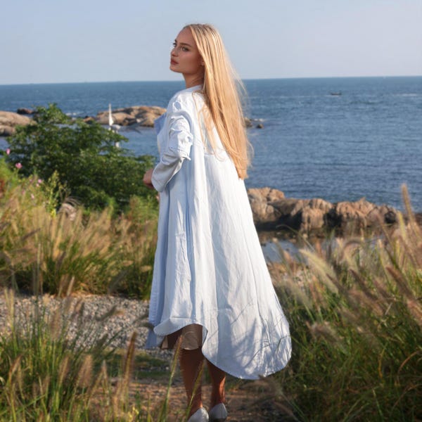 Women Summer Fall Coat 100% Cotton Coat  Long Sleeves Cardigan with Pockets Casual Coat Maxi Coat Round Neck Jacket Custom Plus Size Coat