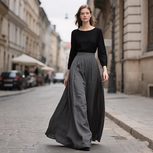 Saia maxi de linho com cintura alta, passadores de cinto e zíper lateral, saia evasê longa, saia fluida de linho, saia boho, saia longa de verão sob medida.