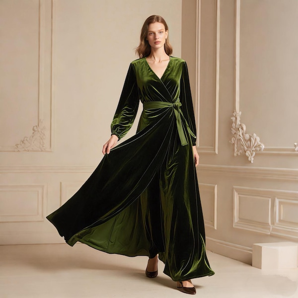 Green Velvet Wrap Dress Women Long Sleeve Floor Length Maxi Gown Elegant Evening Wedding Guest Formal Party Dress Custom Fall Winter Dress