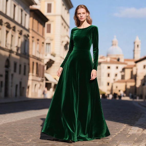 Green Velvet Maxi Dress Fall Winter Dress Women Long Sleeve Floor Length Dress Modest Evening Gown Custom Formal Party Wedding Guest Dress