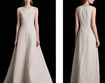 Elegante abito lungo in lino senza maniche, abito svasato minimalista in lino per donna, abito estivo a trapezio, abito lungo da sposa boho, abito caftano personalizzato