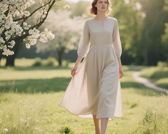 Linen Midi Dress with Belt 3/4 Sleeve V-Slit Neck Maxi Dress Flowy Dress Cottagecore Summer Fall Dress Prairie Dress Handmade Custom Dress