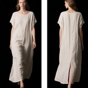 Women's Linen Dress Linen Maxi Dress with Back Slit Loose Casual Dress Linen Summer Clothing Short Sleeve Dress Handmade Custom Linen Dress