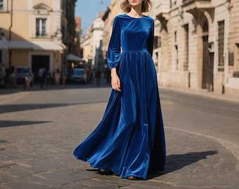 Royal Blue Velvet Dress Women, Floor Length Velvet Maxi Gown, Elegant Long Sleeve Winter Dress, Handmade Formal Evening Dress Custom Dress