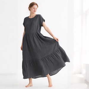 Linen Cotton Maxi Dress with Pockets Tiered Loose Fit Summer Dress Women Short Sleeve Minimalist Handmade Dress Custom Dress Casual Dress