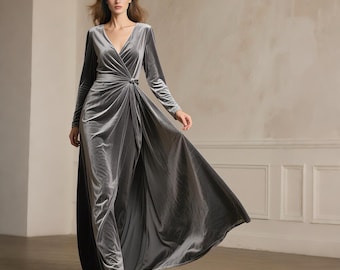 grey velvet wrap dress Gray Maxi Long Sleeve Floor Length Dress With Belt Custom Fall Winter Dress Gown Modest V Neck Custom Wedding Guest Dress Midi dresses