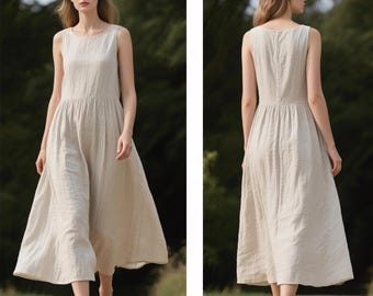 Linen Maxi Dress Sleeveless Summer Fall Dress Flowy Loose Linen Dress Women Round Neck Cottagecore A-Line Dress Custom Dress Handmade Dress