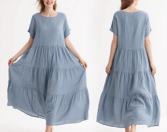 Abito lungo in lino con maniche corte, abito estivo fluido a strati da donna, abito largo in lino con scollo rotondo e tasche, abito personalizzato, abito taglie forti