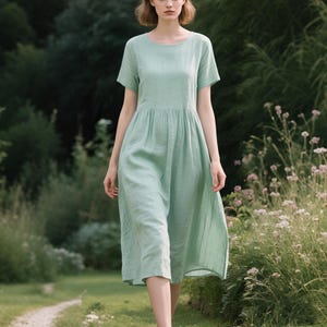 Women’s  Linen Dress with Pockets Short Sleeve Summer Dress Round Neck Midi Dress Casual Dress Custom Dress Handmade Dress Elegant Day Dress