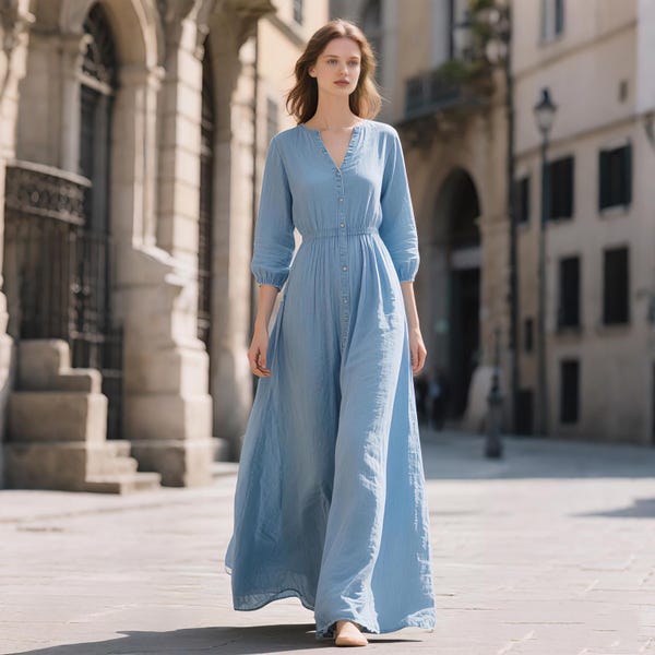 Vestido largo de lino para mujer, estilo minimalista, estilo francés, para verano y otoño, con mangas 3/4, botones y escote en V, estilo informal, estilo cottagecore, estilo bohemio para citas.