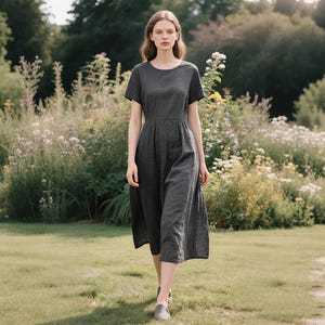 Linen Midi Dress for Women Short Sleeve Custom Dress with Elastic Back Waist Casual Summer A-Line Dress with Pockets Handmade Linen Clothing