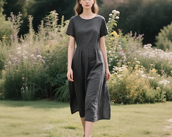 Linen Midi Dress for Women Short Sleeve Custom Dress with Elastic Back Waist Casual Summer A-Line Dress with Pockets Handmade Linen Clothing