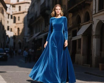 Frauen Samt Maxi Kleid Langarm bodenlanges Kleid Abendkleid elegant Herbst Winter Hochzeit Gastkleid Abend Partykleid individuelles Kleid