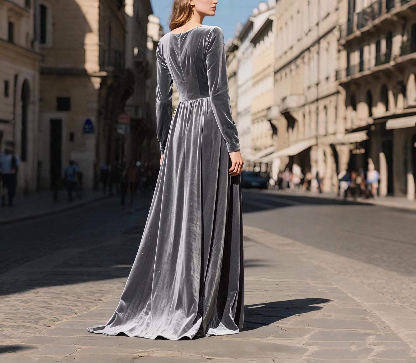 Gray Velvet Maxi Dress Women, Long Sleeve Floor Length Gown, Elegant Silver Velvet Evening Dress, Winter Formal or Holiday Party Outfit