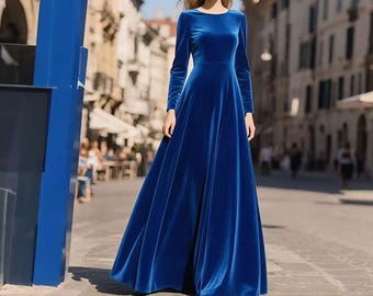 Royal Blue Velvet Dress Women, Floor Length Velvet Maxi Gown, Elegant Long Sleeve Formal Dress, Handmade Winter Evening Gown Custom Dress