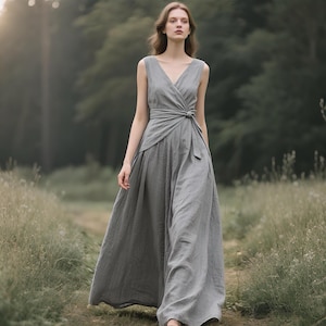 Elegant V Neck Linen Wrap Dress Sleeveless Maxi Dress with Pockets Belt and Deep V Back Summer Fall Gown Boho Minimalist Dress Custom Dress