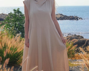 Linen Dress for Women Linen Kaftan Dress Hoodied Dress with Pockets Sleeveless Summer Fall Dress Boho Maxi Dress Custom Plus Size Dress