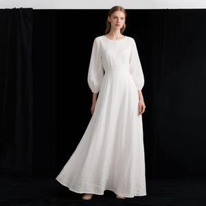 White Linen Maxi Dress with Pockets Women Long Sleeve Dress Bishop Sleeve Handmade Dress Boho Cottagecore Gown Custom Spring Fall Dress