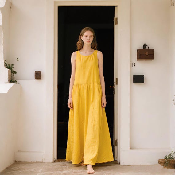 Yellow Linen Dress Sleeveless Maxi Dress with Pockets Loose Fit Summer Sundress Women Dress Handmade Boho Flowy Dress Custom Casual Dress Yellow Linen Dress Sleeveless Maxi Dress with Pockets Loose Fit Summer Sundress Women Dress Handmade Boho Flowy Dress Custom Casual Dress