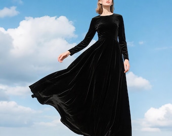 Black Velvet Maxi Dress Women Long Sleeve Evening Gown Swing Dress Custom Floor Length Formal Dress Fall Winter Holiday Dress Velvet Gown