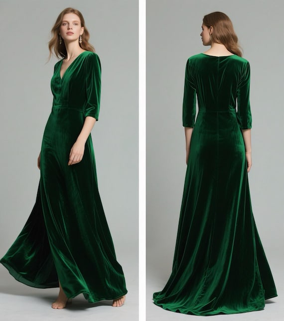 Green Velvet Maxi Dress Women V Neck 3/4 Sleeve Dress Formal Gown Elegant Velvet Bridesmaid Evening Dress Autumn Winter Dress Custom Dress Green Velvet Maxi Dress Women V Neck 3/4 Sleeve Dress Formal Gown Elegant Velvet Bridesmaid Evening Dress Autumn Winter Dress Custom Dress