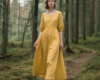 Linen Maxi Dress with Puff Sleeves Elastic Waist Round Neck Dress Women Casual Summer Dress Vintage Dress Custom Dress Cottagecore Dress