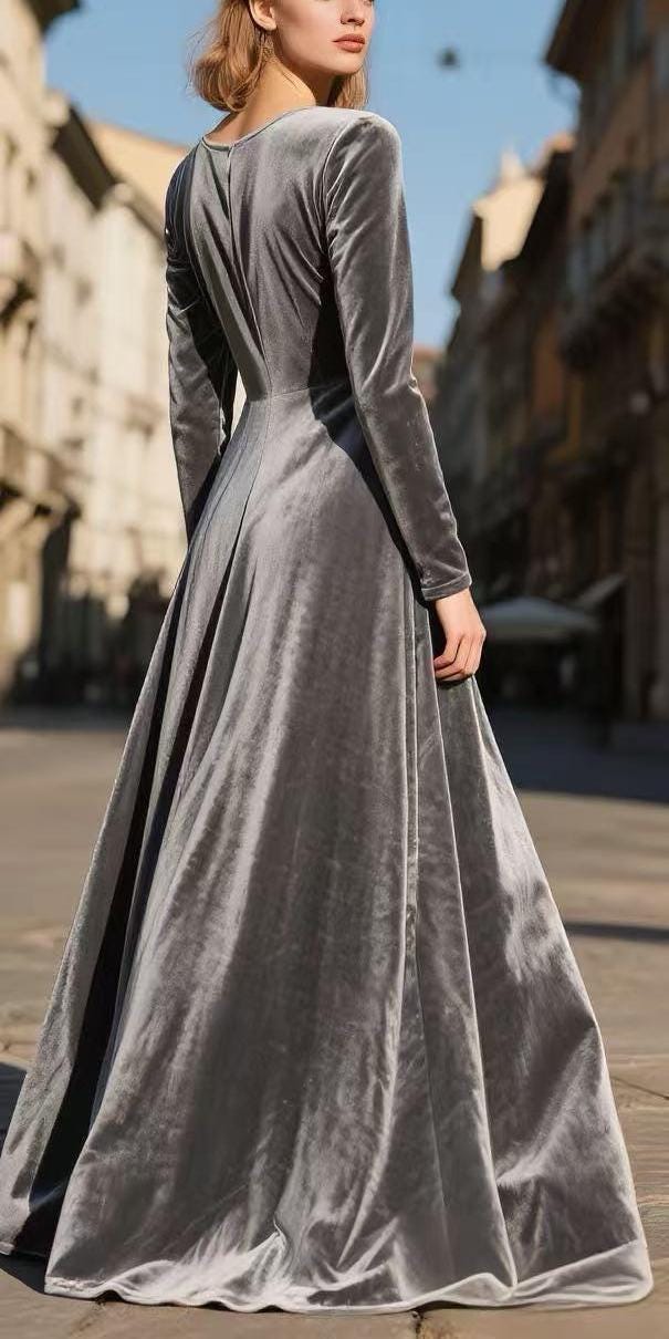 silver velvet dress long sleeve Silver Velvet Maxi Dress Women Long Sleeve Floor Sweeping Gown Elegant Fall Winter Evening Party Dress Formal Dress Custom Handmade Dress