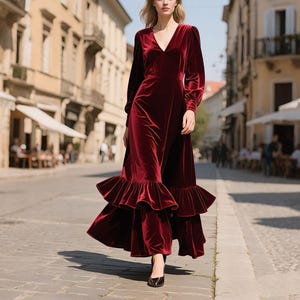 May include: A full-length, burgundy velvet dress with a V-neck and long sleeves. The dress has a tiered ruffle detail at the hem. The woman is wearing black heels and walking on a cobbled street.