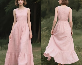 Linen Ruffle Hem Dress Sleeveless Maxi Summer Dress Romantic Cottagecore Dress Flowy Dress for Women Elegant Dress A-Line Dress Custom Dress