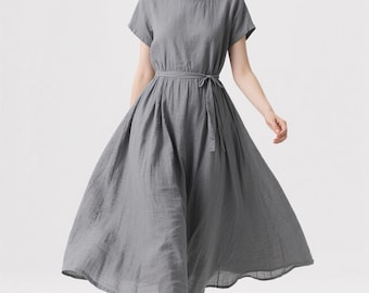 Flowy Linen Maxi Dress with with Pockets Short Sleeve Round Neck Summer Dress with Belt Minimalist Dress Boho Dress Women Dress Custom Dress