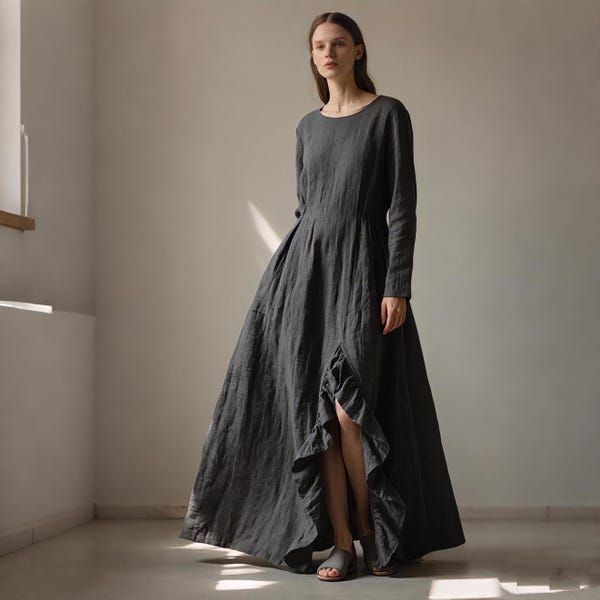 Linen Maxi Dress Women Long Sleeve Ruffle Slit Floor Length Dress Elegant Gothic Boho Evening Gown Custom Linen Clothing Spring Fall Dress