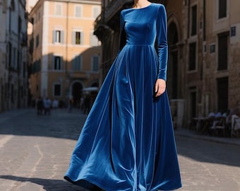 Royal Blue Velvet Maxi Dress Women Long Sleeve Floor Length Gown Custom Elegant Velvet Evening Dress Formal Winter Wedding Guest Outfit