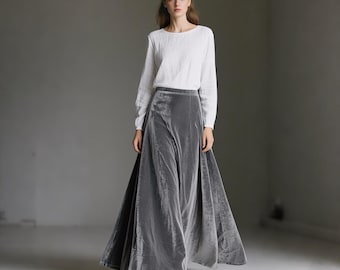 Grey Velvet Skirt Women Floor Length A Line Maxi Skirt with Side Seam Zipper Elegant Fall Winter Skirt Formal Skirt Custom Handmade Skirt