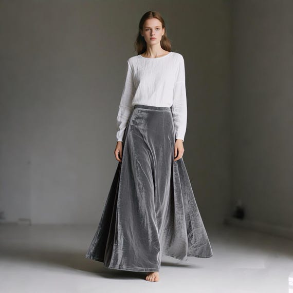 Grey Velvet Skirt Women Floor Length A Line Maxi Skirt With Side