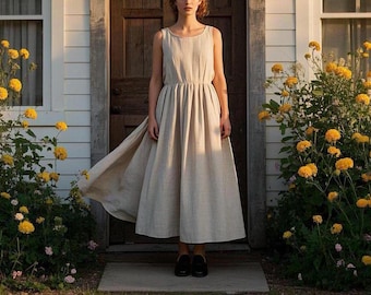 Sleeveless Linen Dress Cottagecore Maxi Dress Vintage Summer Dress Handmade Flowy Dress Ethereal Prairie Dress Minimalist Dress Custom Dress