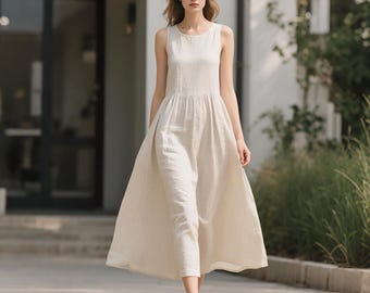 Sleeveless Linen Dress Custom Linen Dress Linen Maxi Dress for Women Flowy Summer Fall Dress Loose Linen Dress Cottagecore Casual Sundress