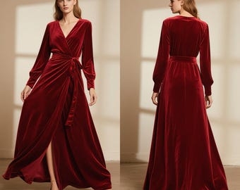 Vestido longo de veludo com manga comprida, elegante, decote em V, formal, para convidados de casamento e festas de fim de ano, vestido personalizado, outono e inverno