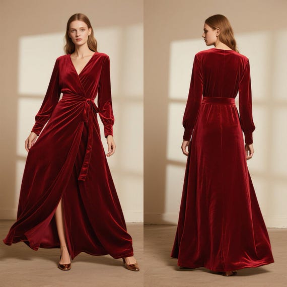 Velvet Wrap Maxi Dress Long Sleeve Evening Gown Elegant V Neck Formal Dress for Wedding Guest & Holiday Party Custom Dress Fall Winter Dress